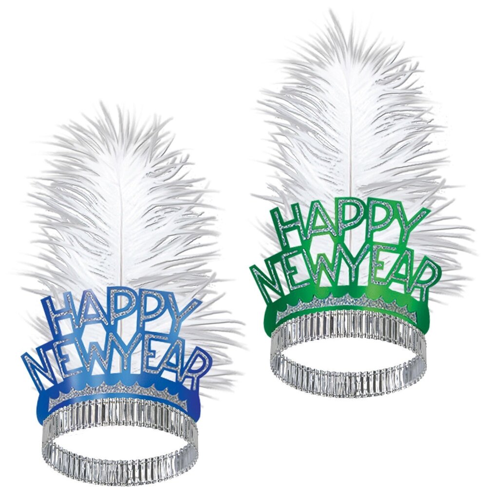 9301 50-Person Happy New Year Swing Tiaras, Colorful Feathered NYE